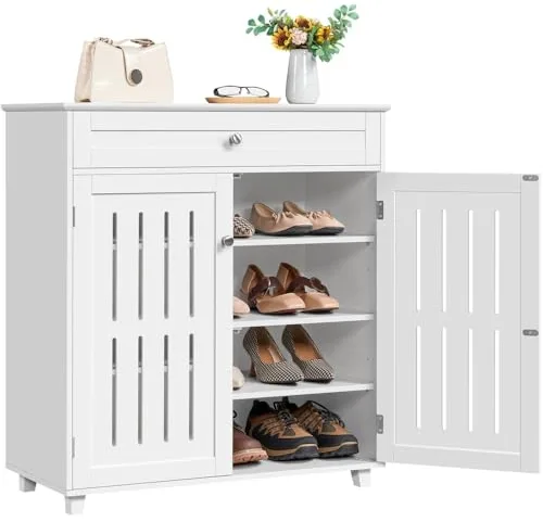 Yaheetech Mueble Zapatero de 2 Puertas Armario de 4 Niveles para Zapatos Mueble Auxiliar con Cajón y Estantes Ajustables para Entrada de Salón 78 x 37 x 86 cm Blanco