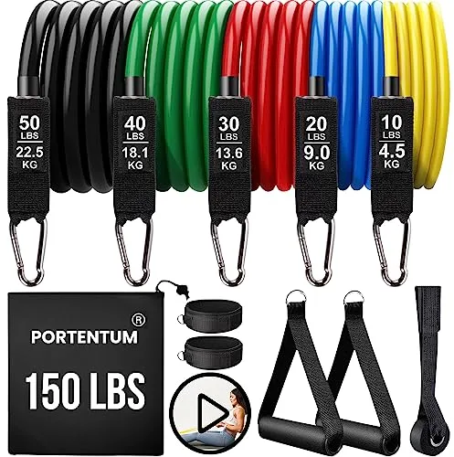 PORTENTUM Gomas elasticas musculación Kit 150 lbs Bandas elasticas para Yoga calistenia Gym Crossfit TRX Pilates Gimnasia en casa - Cintas elasticas musculacion con Tobilleras y Agarre para Puerta
