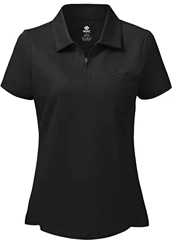 MoFiz Mujer Polo de Mangas Cortas Algodón Camiseta de Golf Trabajo con Cremallera Negro L