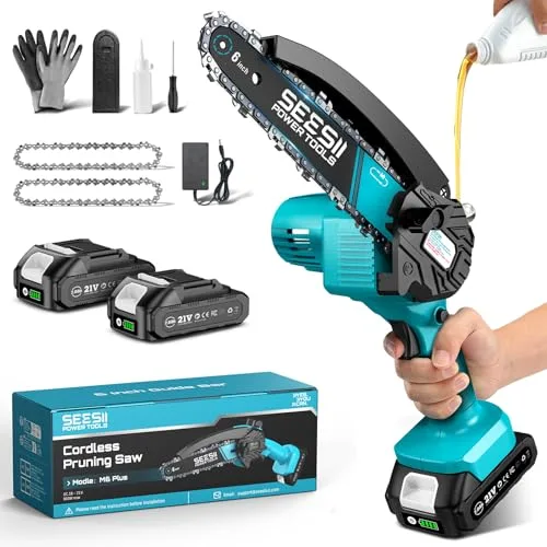 SEESII 6'' Mini Motosierra Bateria 2000mAh, 900W Sierra Eléctrica Bateria con Depósito Para El Aceite y Cadena Reemplazable, Motosierra Inalámbrica Portátil para Podar Árboles de Jardinería