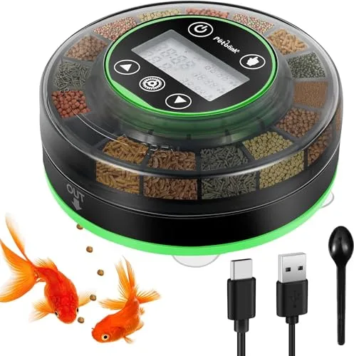 Petbank Alimentador Automático de Peces para Acuario, Dispensador Automático de Comida con Temporizador, Alimentador con Temporizador Recargable, con Cable USB, Pantalla LCD