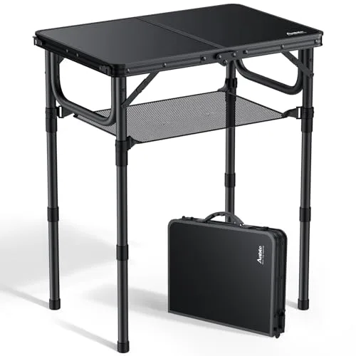 Anbte Mesa Plegable Camping 59x40x26/48/70cm Ajustable Altura Mesas de Acampada Portátil Mesa Playa Aluminio Impermeable Negro para Terraza Playa Exterior BBQ