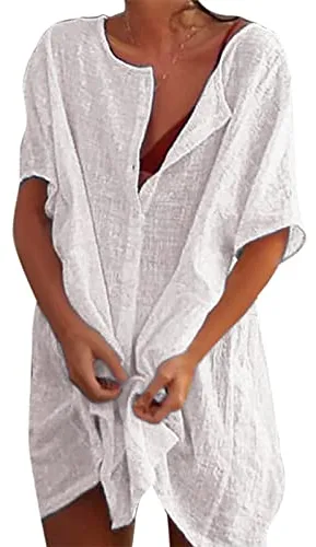 RITOSTA Camisas Mujer Largos Vestido Playa Verano Camisa Suelta de Bikini Cover Up Traje de Playa para Mujer Vestido de Playa Casual Blusa Camisolas Playeras Suelto Pareos Color Sólido (Blanco,M)