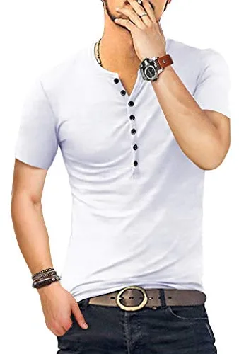 KUYIGO Herrenmode Casual Front Placket Basic Short Sleeve Henley T-Shirts Tops L Weiß