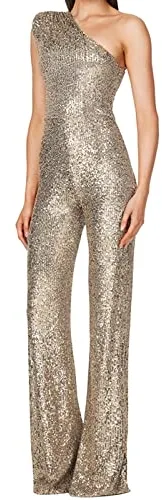 KBOPLEMQ - Mono de una sola pieza para mujer, un hombro, cuello en V, largo, con lentejuelas, traje de fiesta elegante y brillante para la noche, mono de cóctel