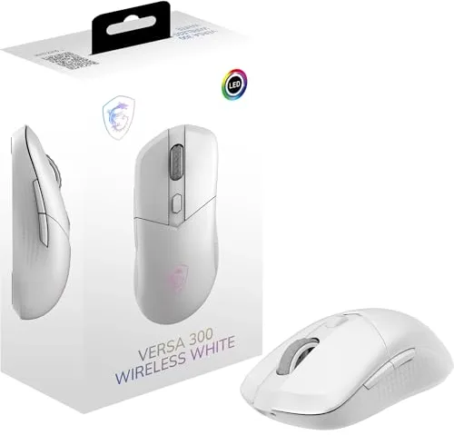 MSI Versa 300 Wireless Gaming Mouse - Sensor óptico de 8000 dpi, tasa de sondeo de 1000 Hz, simétrico, Kailh de 30M+ clics, 6 Botones, batería de 50 Horas, latencia de 1ms, RGB, 60g, Blanco