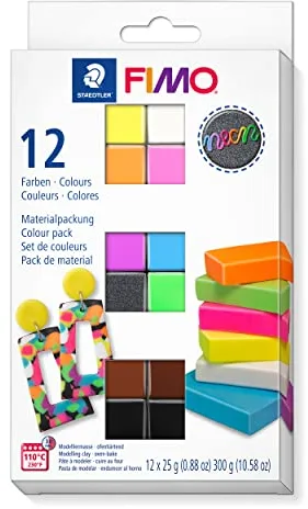 STAEDTLER 8013 C12-3 FIMO Effect Colour Pack - Arcilla polimérica para modelar de secado al horno. Pack "Neon" con 12 medias pastillas de 25g (colores surtidos) e instrucciones