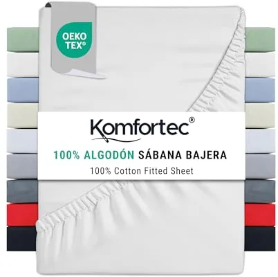 Komfortec Sábana Bajera Ajustable de 200 x 200 cm, 100% algodón, Color Blanco