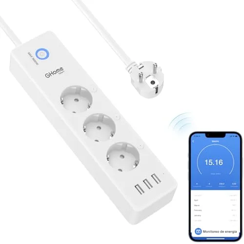 GHome Smart Regleta Inteligente Alexa con 3 Enchufes y 3 USB, Regleta WiFi Programable con Monitoreo de Consumo, Smart Plug Función de Temporizador, Compatible con Alexa y Google Home, 1.5M Ver2.0