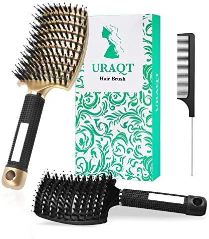 URAQT Cepillo Pelo, 2pcs Cepillo Cerdas Jabali y 1pcs Peine Pelo Rizado, Peine Antitirones Masaje Curvo y Ventilado, Cepillo Desenredante para Secado Más Rápido, Reducir Encrespamiento y Rotura
