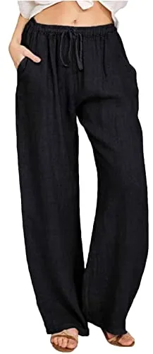 CheChury Pantalones de Mujer Casuales de Lino y Algodón con Cintura Alta Elástica, Cómodos y Flojos para Deporte, Verano y Playa con Bolsillos