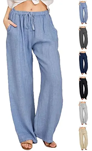 CheChury Pantalones Mujer Casuales de Lino de Algodón Cintura Alta Elásticos Largas Pantalón Deporte Elástica Pantalones Verano Causal Flojo Largos Playa con Bolsillos y Cómodos