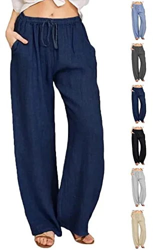 CheChury Pantalones Mujer Casuales de Lino de Algodón Cintura Alta Elásticos Largas Pantalón Deporte Elástica Pantalones Verano Causal Flojo Largos Playa con Bolsillos y Cómodos