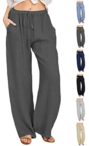 CheChury Pantalones de Mujer Casuales de Lino y Algodón con Cintura Alta Elástica - Largos de Deporte para Verano y Playa con Bolsillos Cómodos