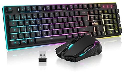 RedThunder K10 Teclado Gaming Sensación Mecánico lnalámbrico,Retroiluminación RGB,Batería Recargable de 3800 mAh, Anti-ghosting+Ratón 7D 3200DPI,Disposición ES,para PC/PS5/Xbox-Negro