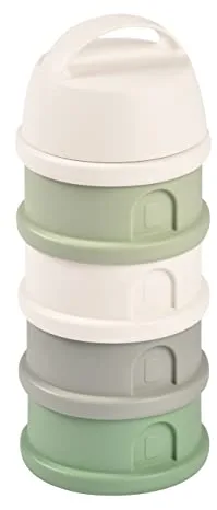 BÉABA Recipiente dosificador de leche en polvo, Dispensador de Leche Bebé, Apilable, 4 Compartimentos, 100% Hermética, Fabricado en Francia Uso evolutivo como caja de snacks, Cotton white/Sage green