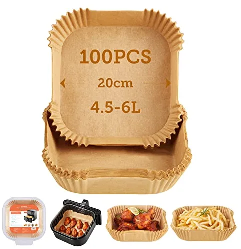 Cosori Papel Horno para Freidora sin Aceite, 100 Piezas Cuadrado de Desechable, Papel de Horno Antiadherentes a Prueba de Grasa para Air Fryer de 4,5-6 L, Horno, Sartén, Microonda 20 cm