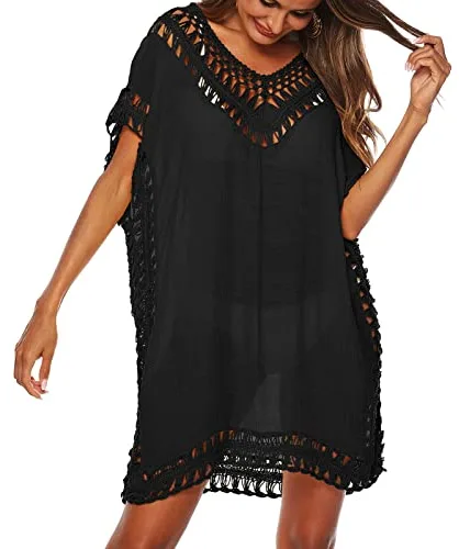 Baynetin Vestido de Playa para Mujer- Cuello en V, Manga Corta, Pareos y Camisola de Playa Sexy Hueco Traje de Baño Punto Bikini Cover up (Negro)