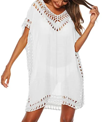Baynetin Vestido de Playa para Mujer- Cuello en V, Manga Corta, Pareos y Camisola de Playa Sexy Hueco Traje de Baño Punto Bikini Cover up (Blanco)