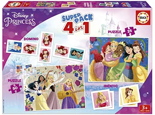 Educa - Superpack Disney Princess | Juegos de Mesa y Puzzles Infantiles: Dominó, Identic con 28 Cartas y 2 Puzzles de 25 y 50 Piezas. Juego Infantil para 3, 4 y 5 años (19683)