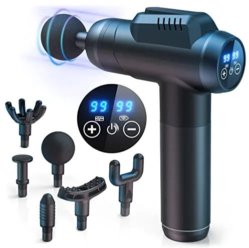 Pistola de Masaje Muscular, Masajeador Cervical y Espalda, 99 Niveles Ajustables, 6 Cabezales de Masaje, Pantalla LCD y Carga Tipo-C, Profesional Massage Gun para Aliviar el Dolor Muscular