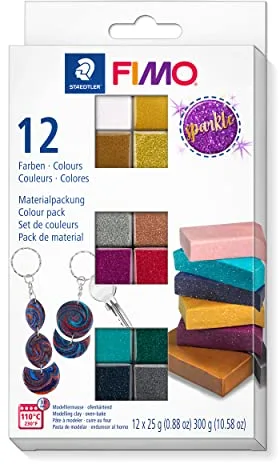 STAEDTLER 8013 C12-4 FIMO Effect Colour Pack - Arcilla polimérica para modelar de secado al horno. Pack "Sparkle colours" con 12 medias pastillas de 25g (colores surtidos) e instrucciones