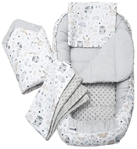 Medi Partners Nido Bebe Recien Nacido Reductor de Cuna - 100x60x15 Juego de 5 Piezas bebés anticolicos Bilateral Portátil o de Viaje 100% Algodón (Glade con Minky Gris)