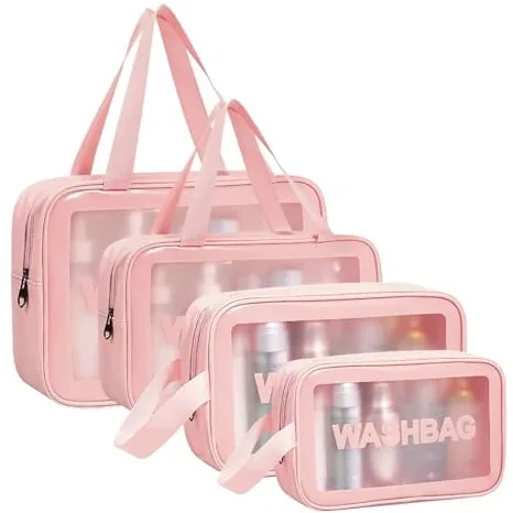 Aucuu 4PCS Bolsas Neceser Transparente, Neceser de Aseo, Bolsa de Cosméticos Impermeable con Cremallera para Baño, Viaje, Vuelo - Rosa