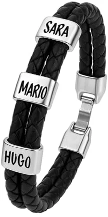 Pulsera con Nombres Personalizada. Piezas Baño Plata y Cuero Auténtico Español. Tallas a Personalizar. Colores. Pulsera Hombre con Nombres. Estuche Incluido. Modelo (Trenzado Doble Negro)