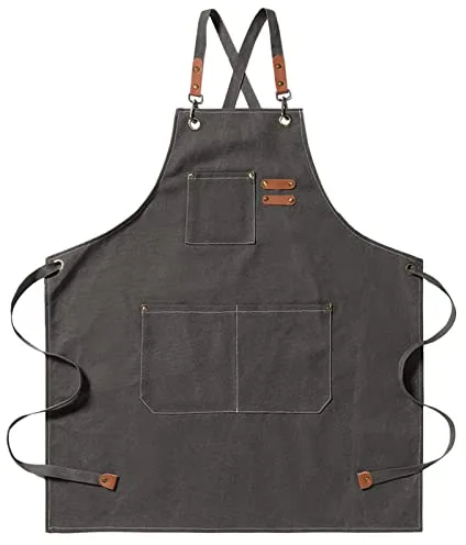 BOOWEN Delantal de Cocina Ajustable Mandiles Lona de Algodón con 3 Bolsillos Grandes Mandil Hombre Resistente al Agua y Antimanchas Delantales para Jardín, Taller, Trabajo (Gris)