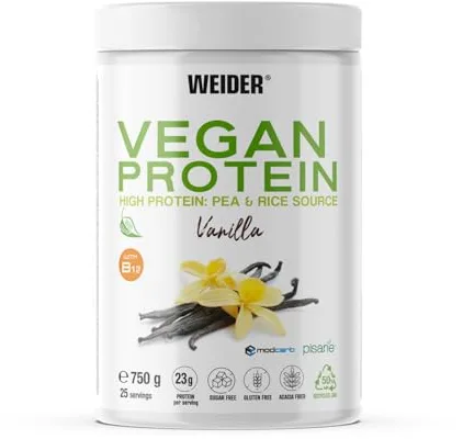 Weider Vegan Protein (750g) Sabor Vainilla. Proteína Vegana 23g/dosis Aislada Guisante (Pisane) y Arroz. Con Vitamina B12 y Stevia. Sin Gluten, Sin Azúcar. Bote 50% Reciclado, 100% Reciclable