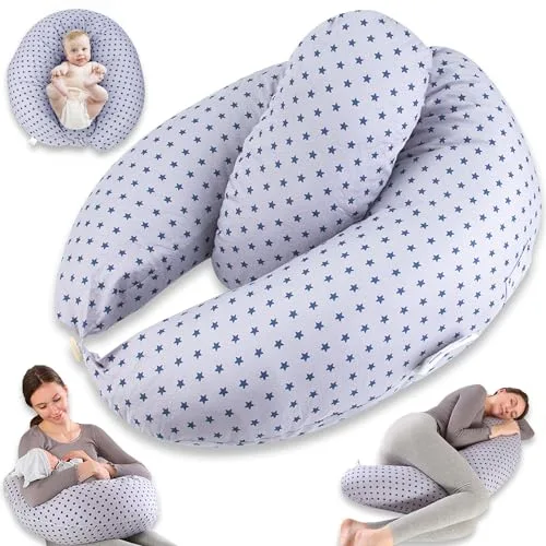 Chilling Home Almohada Embarazada 2 en 1 XXL,Cojin Lactancia Bebe para Dormir, Almohada de Embarazo con Almohada Interior y Funda de Algodón Almohada de Embarazo (Azul)