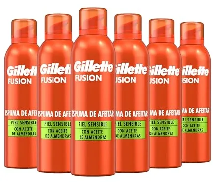 Gillette Fusion Espuma De Afeitar Hombre Con Aceite De Almendras, Para Piel Sensible, Limpia, Hidrata, Protege, Refresca Y Calma, Ayuda A Proteger Contra La Irritación, 250ml x6