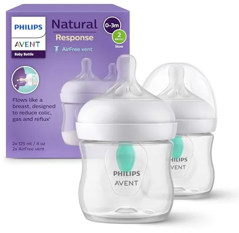 Philips Avent Biberón Natural Response: 2 biberones de 125 ml con sistema AirFree, sin BPA, para recién nacidos a partir de 0 meses (modelo SCY670/02)