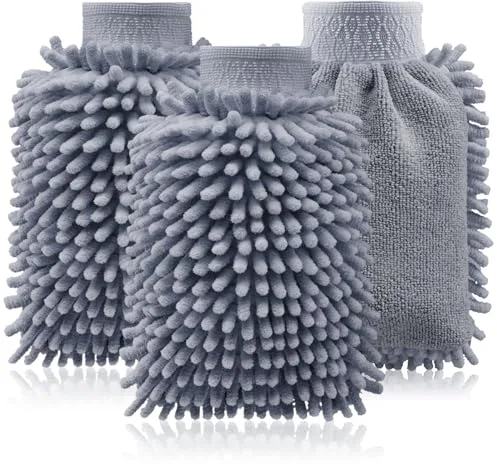 com-four® 3X Guante de Lavado para automóviles y hogar - Guante de Microfibra - Guante de Chenilla - Guante de Limpieza para el Cuidado del automóvil, Lavado de automóvile (3 Partes - Gris)