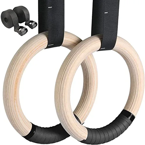 LIFERUN Anillos de Gimnasia de Madera,Anillo de Fitness -28 mm/32 mm,Anillos de Gimnasio Olímpica, con Correa de Mano Antideslizante, Correa de Nylon Ajustable y Rotulador,Anillos de Entrenamiento