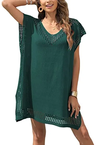 Codkkre Pareo Playa de Crochet Muje Vestido de Playa Verano Sexy Bikini Cover Up Traje de Baño Cubrir Ropa de Baño Suelto Vestido, Verde