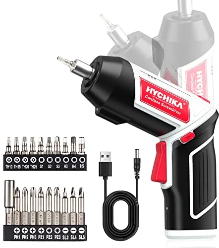 Destornillador Eléctrico, HYCHIKA 6Nm Bateria 3.6V 2,0 Ah, LED Luz, Carga Cable USB, 20 Accesorios, Para Reparaciones en El Hogar