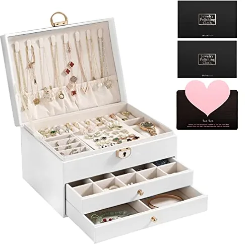 YUTUY Caja Joyero de 3 Niveles,Joyeros Mujer Organizador, Organizador Joyas Cuero PU,Grande Joyero Viaje Cajones Niña para Anillos, Pendientes,Collares,Blanco