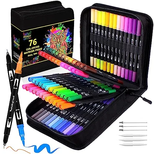 Efimeso 76 Rotuladores Lettering De Punta De Fieltro Pincel Con Estuche, Rotuladores De Punta Fina, Brush Pen Kit Para Niñas Colorear Adultos Colorear Pintar