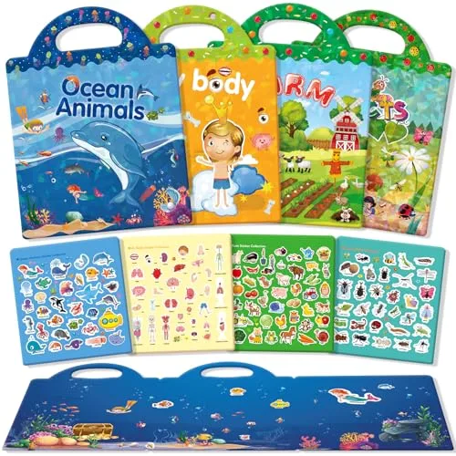 GUYUCOM Paquete de 4 libros de pegatinas reutilizables, juguetes para niños de 2, 3, 4 años, pegatinas 3D transparentes para granja de insectos oceánicos, juguete educativo, regalos de cumpleaños