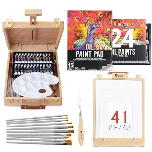 Caballete Pintura al óleo 41 Piezas - 24 Tubos de Pintura al Oleo, 3 lienzos para pintar, 1 Bloc, 10 Pinceles, Espatula, 1 Paleta, 1 Caballete