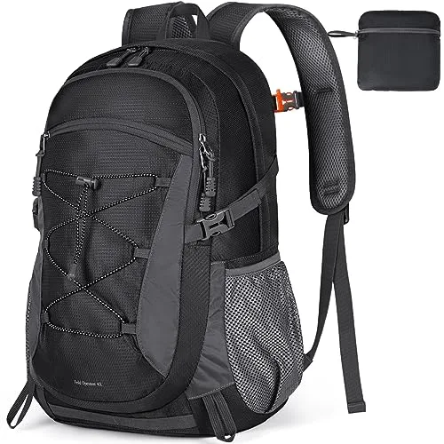 RAINSMORE Mochila plegable de Senderismo 40 Litros - Mochila Impermeable de Viaje para Hombre Mujer Ligera Mochilas de Marcha para Camping Excursiones Acampadas Montaña al aire libre, Negra