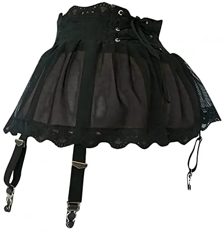 ROSVAJFY Mini Falda con Liguero Sexy Dentelle con Tanga, Mujer Liguero Malla Transparente con 4 Clips, Lenceria Ropa Interior Ligas Encaje Cintura Alta 2 Piezas, Minifalda + Bragas (Negro)