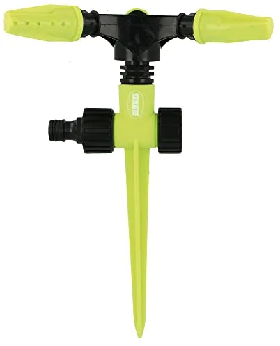 Amig - Aspersor Giratorio con 3 Boquillas - Pincho para Clavar en el Césped - Ø200 x 230 mm - 3 Brazos Giratorios y Conector Rápido - Superficie hasta 78,5 m² - Plástico ABS - Verde Pistacho y Negro
