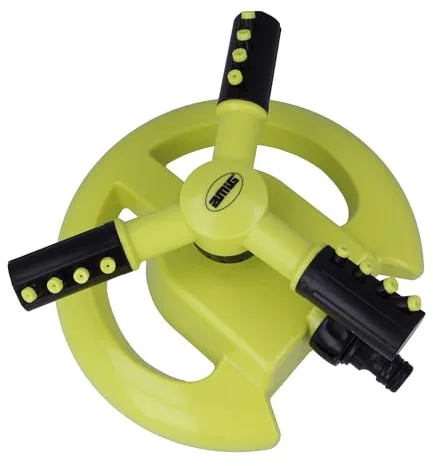 Amig - Aspersor Giratorio con 3 Boquillas - Para Sobreponer en el Césped - Ø200 x 100 mm - 3 Brazos Giratorios y Conector Rápido - Superficie hasta 63,5 m² - Plástico ABS - Verde Pistacho y Negro