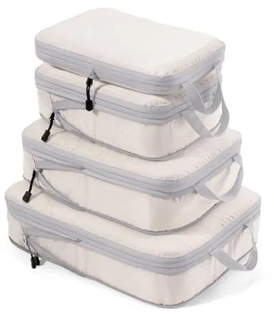 Meowoo Packing Cubes Compression 4 en 1 Set, Organizador de Maletas para Viaje con Compresión Expandibles Organizador de Equipaje de Impermeable Bolsas de Viaje para Maletas y Mochila, Beige