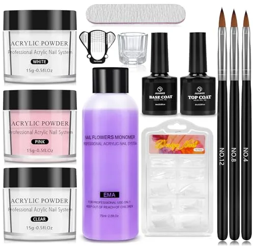 Yokilly Acrilico Para Uñas Profesional: Kit Uñas Acrilicas con 15G Polvo Acrilico Para Uñas Con Blanco Rosa Y Transparente - 100 Piezas Uñas Postizas Acrilicas Kit Completo Manicura
