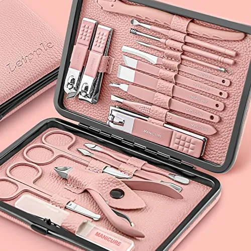 Manicura Pedicura Set 18 PCS Profesional Cortaúñas Acero Inoxidable Grooming Kit - Con Estuche De Viaje De Cuero Lujoso (Rosa)