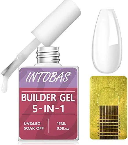 INTOBAS 5 en 1 Kit Gel de Uñas Constructor, Gel para Uñas Lechoso, Builder Gel para Uñas con 100 Formas, Rubber Base,Fortalecedor y Decoración-15ml